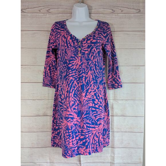 Lilly Pulitzer Zebra And Palm Printed Dress Sz Small S Blue Pink V-Neck FLAWLESS - Picture 1 of 8